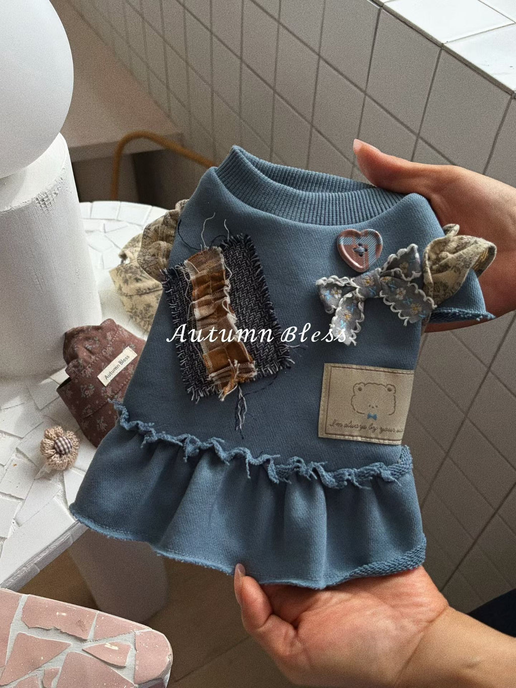 Autumn Bless blue floral patch sweatshirt dress