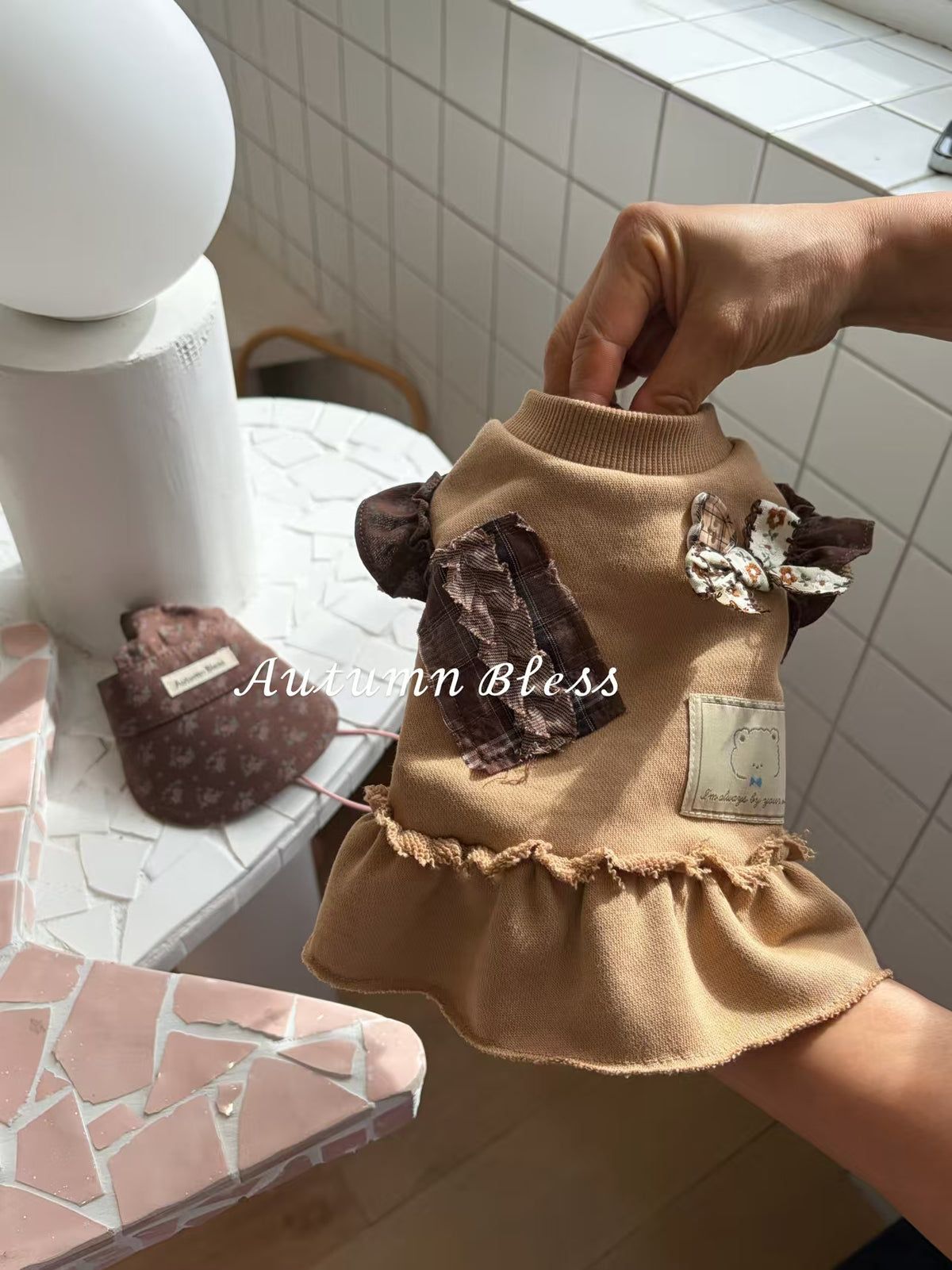 Autumn Bless blue floral patch sweatshirt dress for pets
