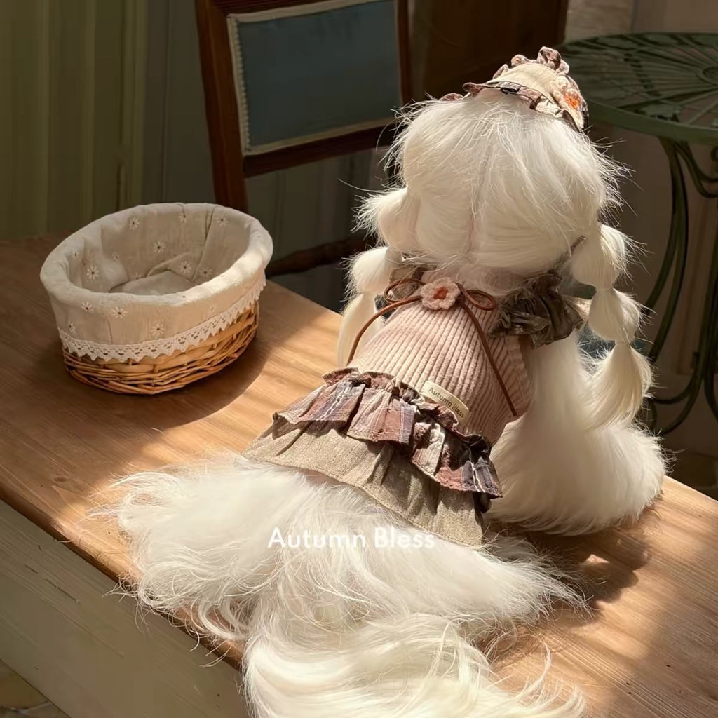 Autumn Bless flutter sleeve floral gingham dog dress